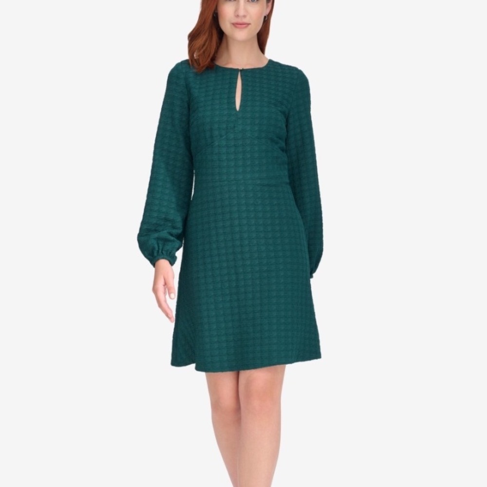 Tommy Hilfiger Dress Womens 12 New Green Textured Long Sleeve Keyhole A-Line